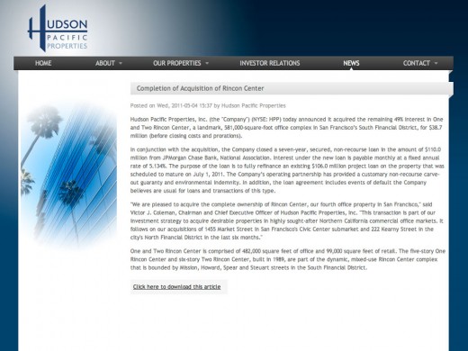 Hudson Pacific Properties Article Hudson Pacific Properties Article