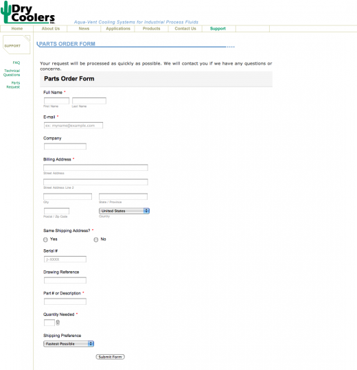 Dry Coolers Parts Request Form Dry Coolers Parts Request Form